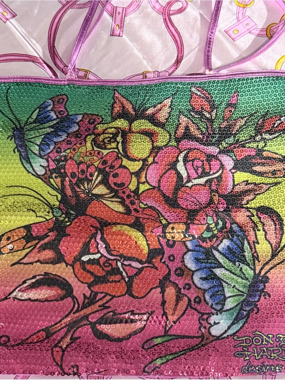 Pink Green Floral Sequin Tote Bag by